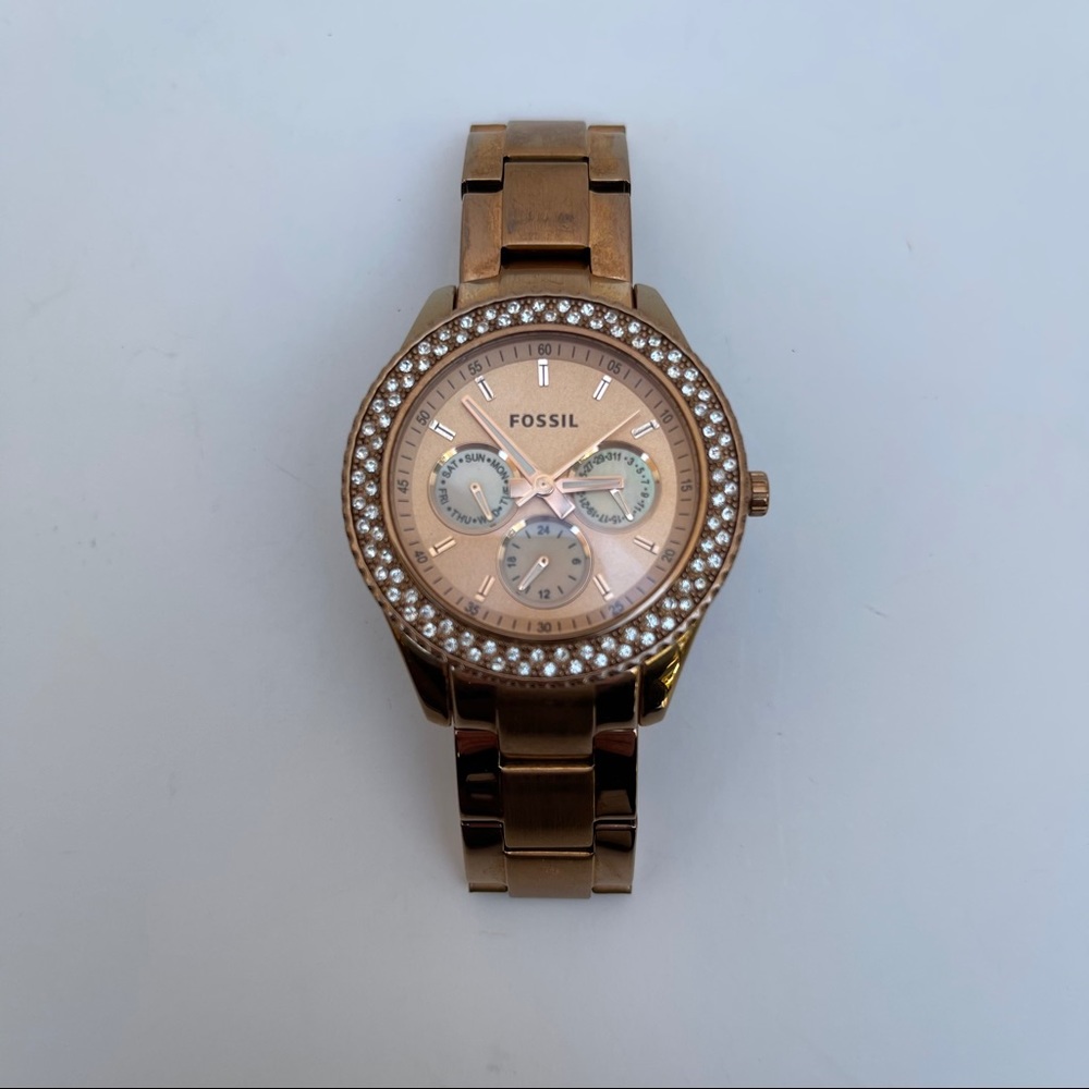 Fossil rose gold chronograph watch diamond accents - Picture 2 of 7